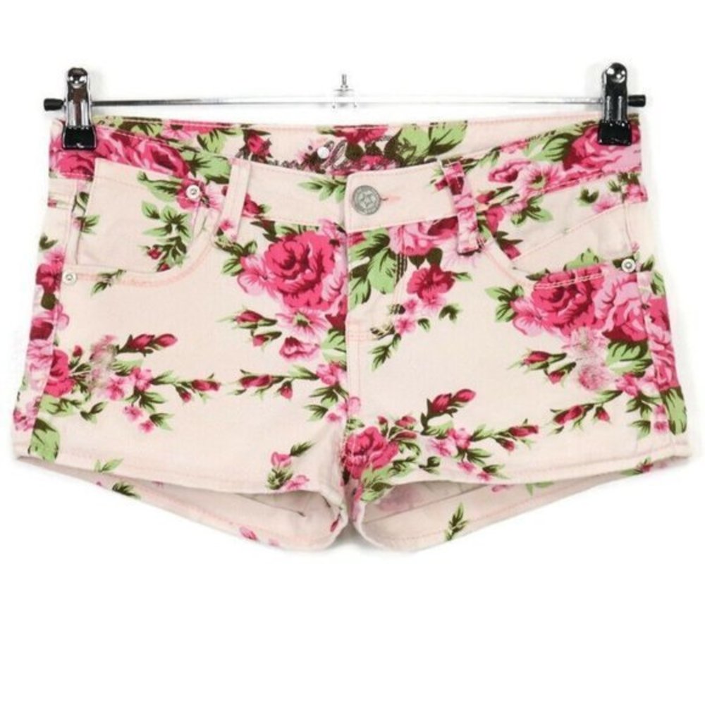 Vanilla Star‎ Jean Shorts Floral Pink Green Stretch Distressed 5